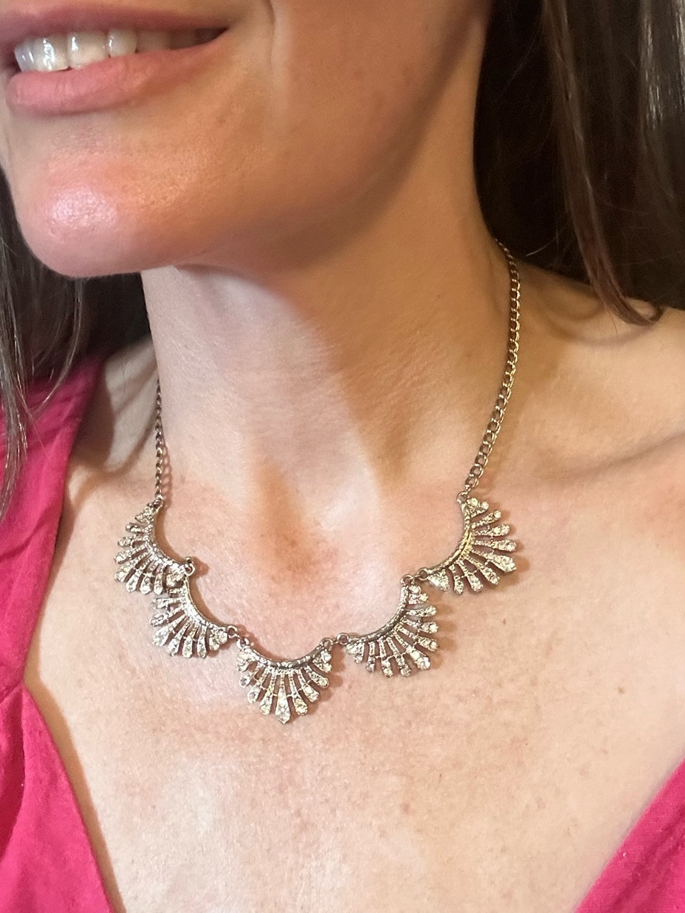 Rhinestone Silver Fan Bib Necklace - Sparkling Statement Necklace